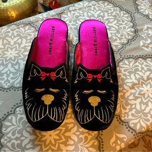 Patricia Green Black Slippers with embroidered Dog Design